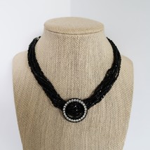 Vtg multi strand black seed bead necklace w/ rhinestone circle slide pendant - £11.79 GBP