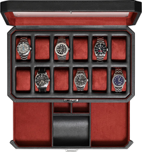 12 Slot Leather Watch Box with Valet Drawer - 12 Slot Luxury Watch Case Display  - $163.34