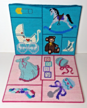 Nursery baby Cross Stitches 2 completed for hanging decor plastic canvas - £11.60 GBP