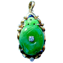 Earth mined Jade Diamond Deco Pendant Vivid Green Vintage Charm Solid 14k Gold - £1,515.59 GBP