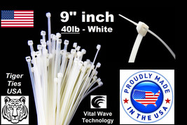 200 White 9&quot; inch Wire Cable Zip Ties Nylon Tie Wraps 40lb USA Made Tiger Ties - £13.39 GBP