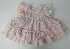 Vintage Bryan Girls Pink &amp; White Striped Ruffle Dress w Lace USA 12 Mo - £34.79 GBP