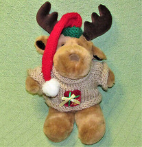 Tb Trading Christmas Moose 12&quot; Plush Animal Tan With Knit Sweater Santa Hat - £8.92 GBP