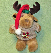 TB TRADING CHRISTMAS MOOSE 12&quot; PLUSH ANIMAL TAN WITH KNIT SWEATER SANTA HAT - $11.34