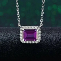 2Ct Emerald Cut Simulated Amethyst Halo Pendant 14k White Gold Plated 18&quot; Chain - £32.87 GBP