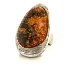 Vtg Sterling Signed 925 Retro Chunky Freeform Amber Stone Solitaire Ring 7 1/2 - £42.64 GBP