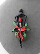 Vintage Lamp Brooch Christmas Theme Black Red Flame Green Leaves Holiday... - $32.00