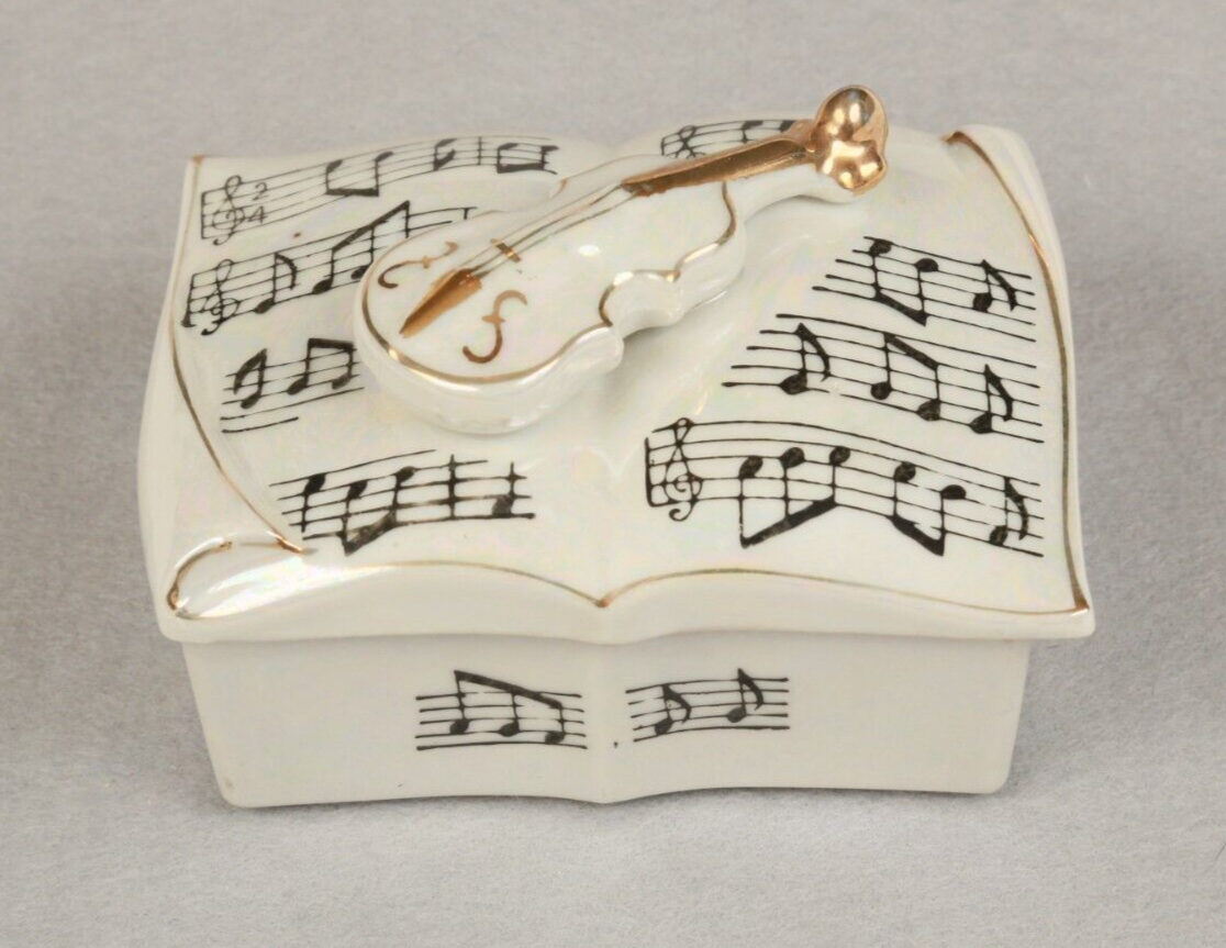 Violin Music Notes Trinket Box Lusterware Porcelain w/2 Dresser Trays Japan VTG - $23.04