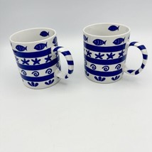 2 Crate &amp; Barrel White Blue Fish Starfish Coffee Tea Cup Mugs 12oz Beach Coastal - £23.48 GBP