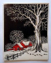 Christmas Greeting Card Gleam N Glitter Trees Cottage Snow Retro Mid Cen... - $11.88