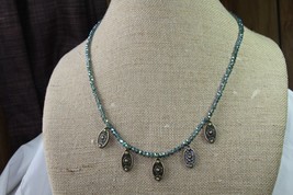 Plunder Necklace (New) Bronze Flower Drops On Beaded Teal Necklace 25&quot;- 28&quot; Adj - £20.93 GBP