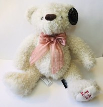 FAO Schwarz Fuzzy Plush Cream Teddy Bear 12&quot; Stuffed Animal Pink Peach Ribbon - £15.64 GBP
