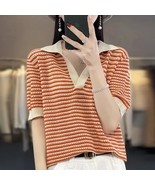  New Wool Short Sleeve Women&#39;s POLO Collar Pullover Stripe Loose Fashion... - €65,99 EUR+