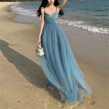 New Summer Mesh Tulle Beach Long Dress for Women Sleeveless Spaghetti Strap Back - £44.23 GBP