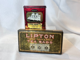 Vtg Lipton Tea Bags &amp; Bigelow Trade Winds Tea  Hinged Top Litho Tin Lot Of 2 - $29.65