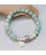 Green Jade Beaded With Sterling Silver Lucky Charm Bracelet,Gift For Her - £45.03 GBP