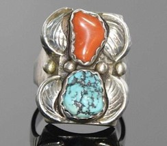 Sz12 Navajo Sterling and Turqoise Coral Mens Ring Large Chunky - £151.95 GBP