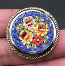 Vintage Floral Mosaic Round Brooch Pin 1.25&quot; Diameter - £11.36 GBP