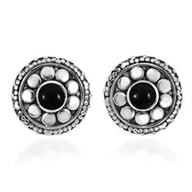 Stylish Flower with Onyx Inlaid Center Sterling Silver Stud Earrings - £14.52 GBP