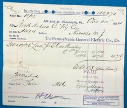 PENNSYLVANIA GENERAL ELECTRIC Phil vintage October 25 1894 invoice on le... - £10.13 GBP