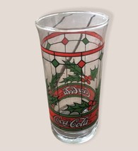 COCA-COLA 12oz. Red &amp; Green Stained Window Glass Tumbler Christmas Holly... - £7.37 GBP