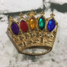Crown Brooch Pin Gold Toned W Multicolored Rhinestones Ornate - £11.67 GBP