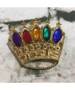 Crown Brooch Pin Gold Toned W Multicolored Rhinestones Ornate - £11.60 GBP