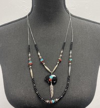 SW Style Silver Tone Red Jasper, Turquoise, &amp; Black Onyx Beaded Tiered Necklace - £57.72 GBP