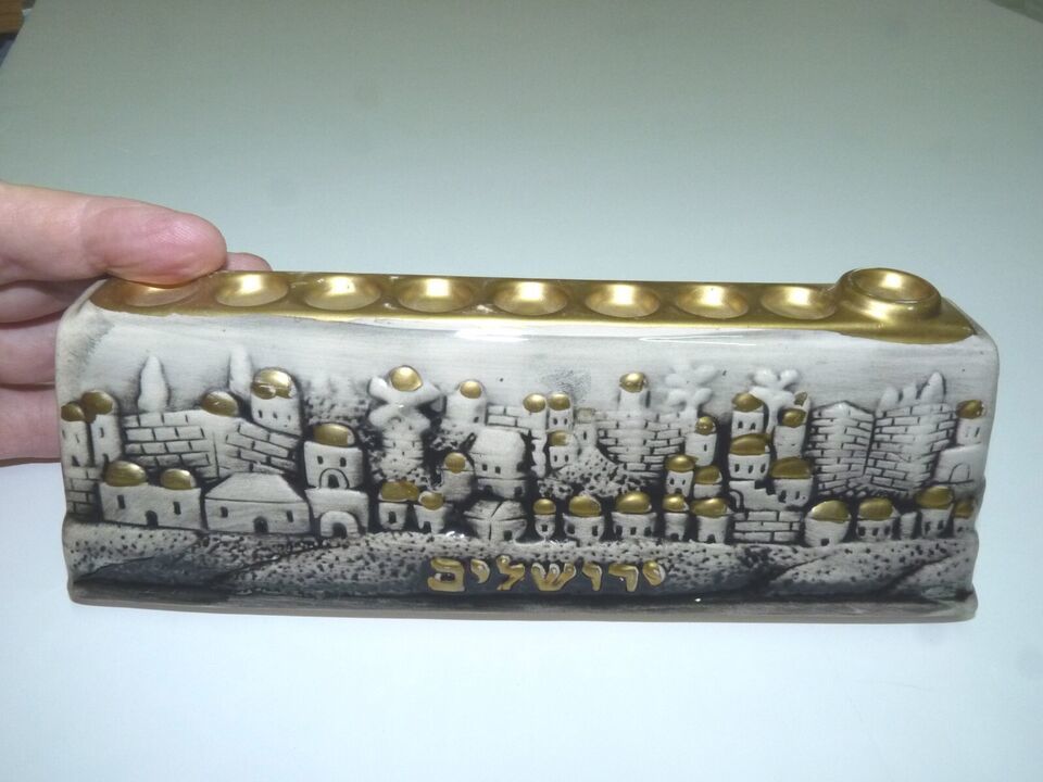 Vintage Judaica Porcelain Chanukah Menorah, Marked Jerusalem, L 23 cm - $73.60