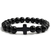 Trendy Jesus Cross Charm Blue Beaded Men Bracelets Black Lava Stone 8mm White Be - £11.19 GBP