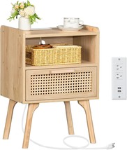 Lerliuo Rattan Nightstand With Charging Station, Boho Side Table With Drawer - £53.06 GBP