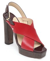 JIMMY CHOO Platform Sandal AIX 125 Red Leather Wood Heels Gold Patent Sz 38.5 - £375.89 GBP