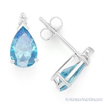 Pear-Shape Simulated Blue Topaz Cubic Zirconia 925 Sterling Silver Stud Earrings - £21.10 GBP