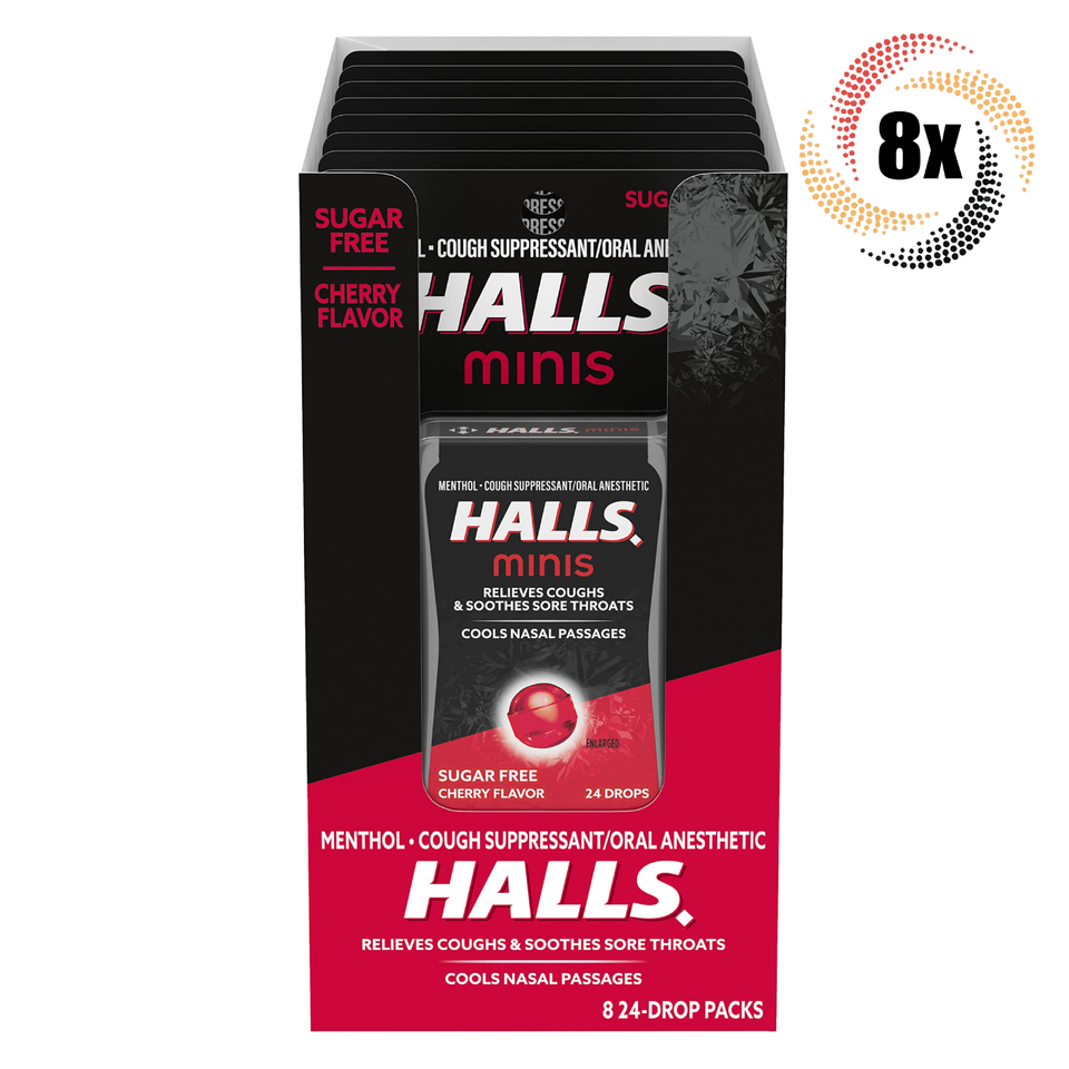 Full Box 8x Packs HALLS Minis Cherry Menthol Cough Drops | 24 Drops Per ... - $44.64