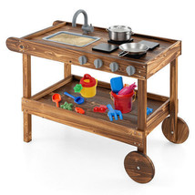 Outdoor Movable Mud Kitchen with 2 Rolling Wheels and 1 Push Handle-Natural - Co - $94.29