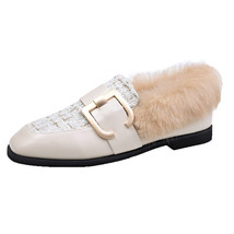 Mules Women New Fluffy Slippers Female Metal Buckle Lazy Furry Loafer Shoes Slid - £39.89 GBP
