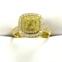1.42 TCW GIA Decorato Intensi Giallo Cuscino Brillante Diamante Halo Anello 18k - £3,931.65 GBP