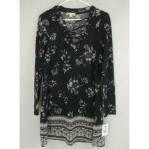 NWT About a Girl Knit Boho Dress L/S Lace Up Neckline Black Floral Size L - £8.52 GBP