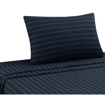 Jersey Knit Sheet Set Soft Breathable T-Shirt Weave (Navy Stripe, Twin) - £40.20 GBP