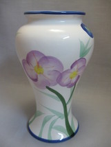 Ceramic Vase Blue Trim Lavender Purple Blue Flowers Green Leaves 9&quot; High - £7.92 GBP