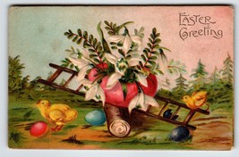 Easter Postcard Baby Chicks Move Flower Arrangement Fantasy Painted Eggs Germany - £10.00 GBP