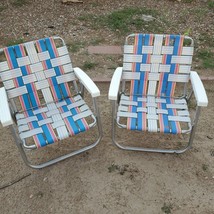 2 Vintage Folding Aluminum Lawn Beach Chairs Blue/Red/Wht Webbed Low Profile - $19.80