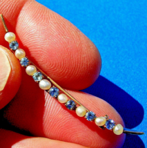 Earth mined Sapphire Pearl Deco Pin Elegant 10k Gold Antique Crescent Br... - $329.67