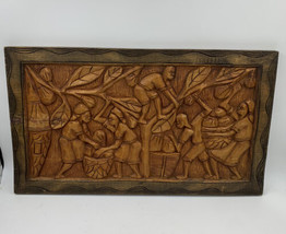 24”x14” Wooden Hand Carved Tribal Picture African Theme Crack RARE AND E... - $40.79