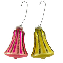 Vintage West German Ornaments Glass Bell Shaped Pink and Yellow Glitter Stripes - £23.13 GBP