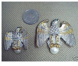 2 Eagle Pin Gold Crystal Pearl Small &amp; Large Pins Green Eyes Dar Patriot Brooch - £46.92 GBP