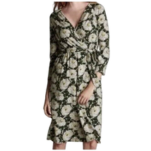 Lands End Faux Wrap Dress Womens M 10-12 Green Floral Belted V Neck 3/4 Sleeves - £17.98 GBP