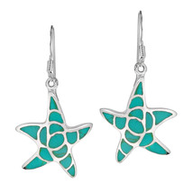 Sea Farers Starfish Inlaid Green Turquoise Stone Sterling Silver Dangle Earrings - £23.41 GBP