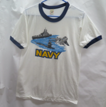 VTG 80s US Navy USN Ringer Tee Men&#39;s S M Screen Stars T Shirt White Thin... - $36.04