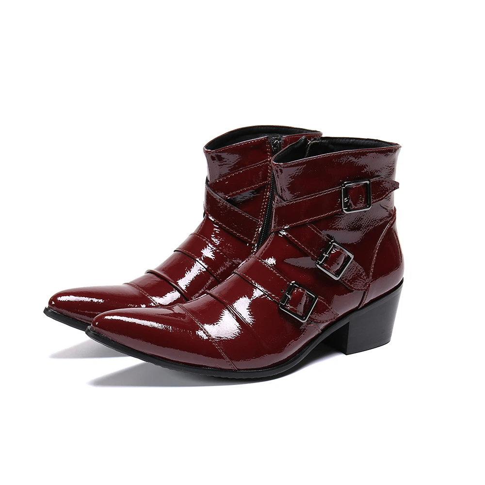 Western boy Boots  Leather Ankle Boots Wine Red Italian Short Dress Boots Pointe - £215.29 GBP